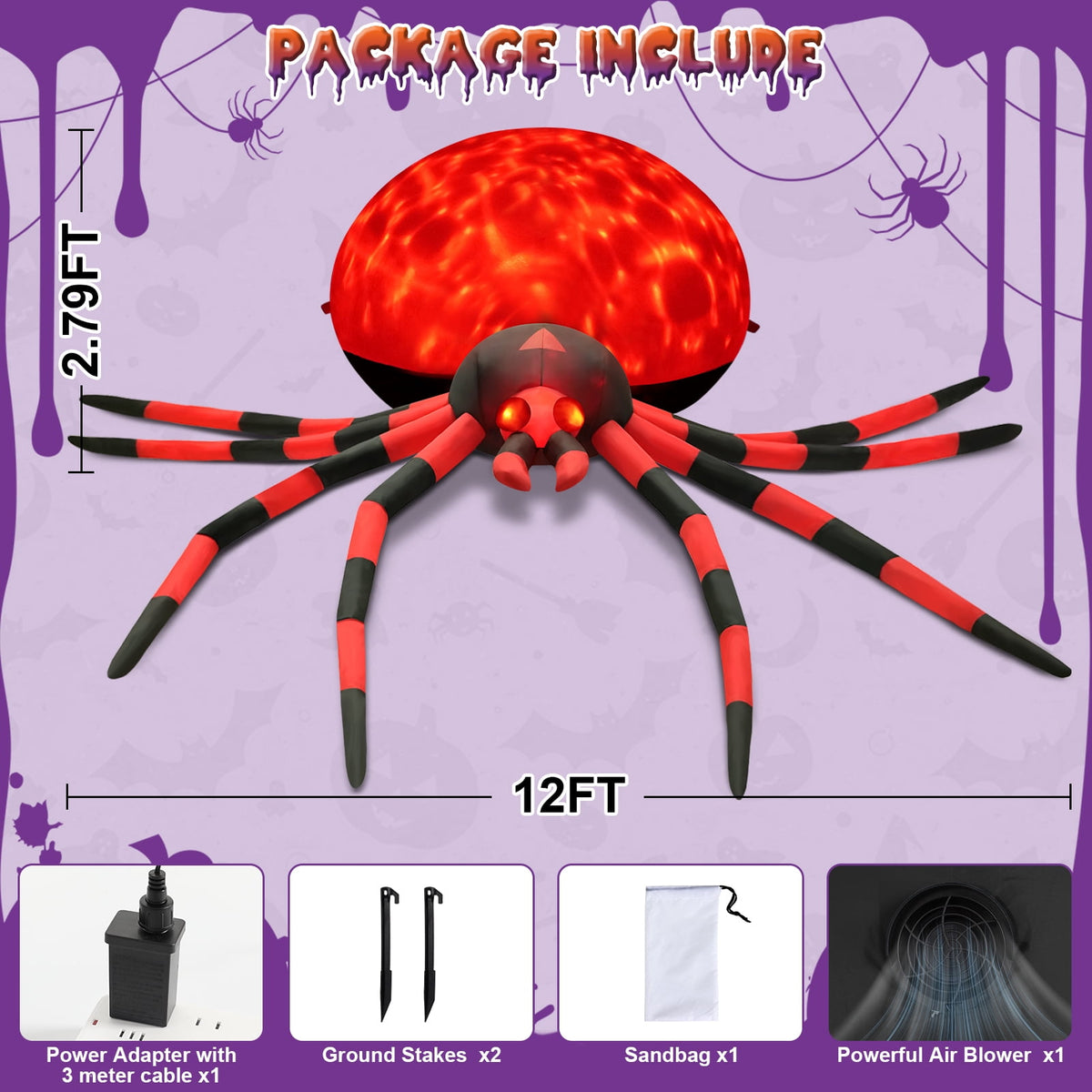 Yexmas 12FT Halloween Inflatables Outdoor Decorations Giant Spider Decorations with LED Lights and Air Pump Blow up Inflatable Green