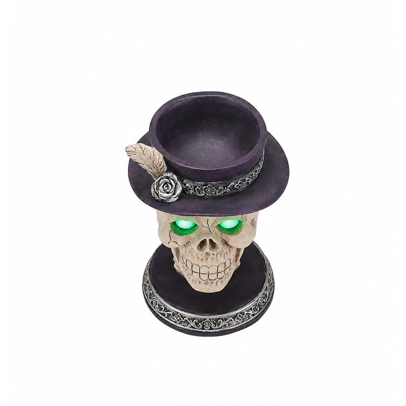 Halloween Resin Skull Candle Holder Figurine with LED Glowing Green Eyes, Skeleton Head Statue with Feather Top Hat, Spooky Tabletop Halloween Party Decor