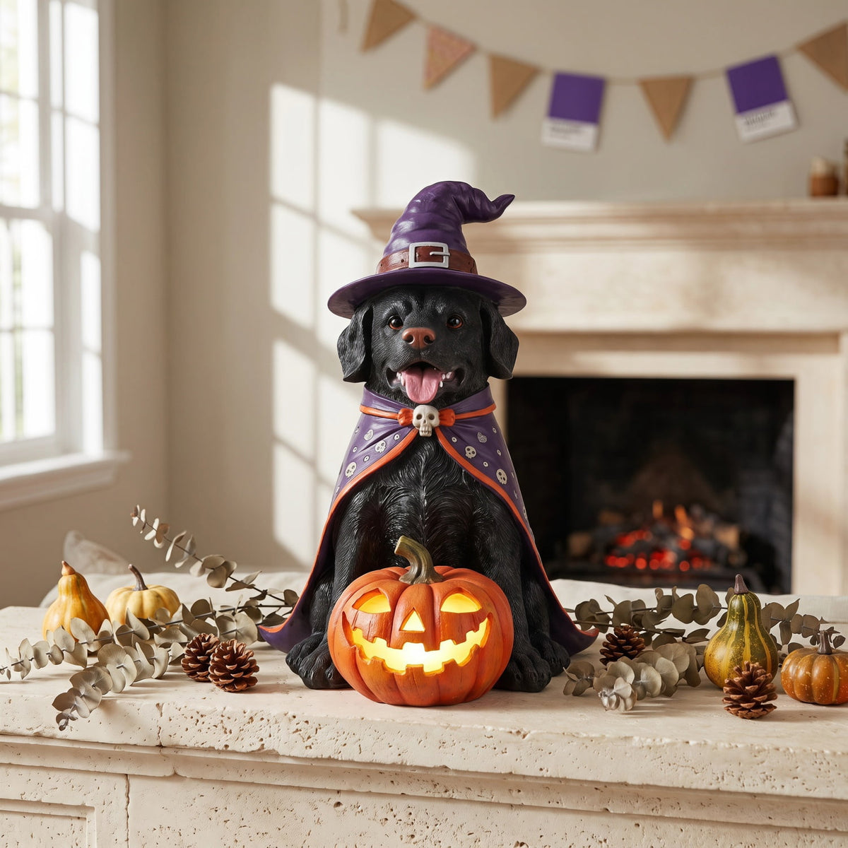 SpookHaven Halloween Jack‑O‑Lantern Pumpkin Mist Sprayer Figurine, LED Light‑Up Fogger with Witch Hat & Skull Decoration, Spooky Ornament for Tabletop Entryway Halloween Party Home Decor