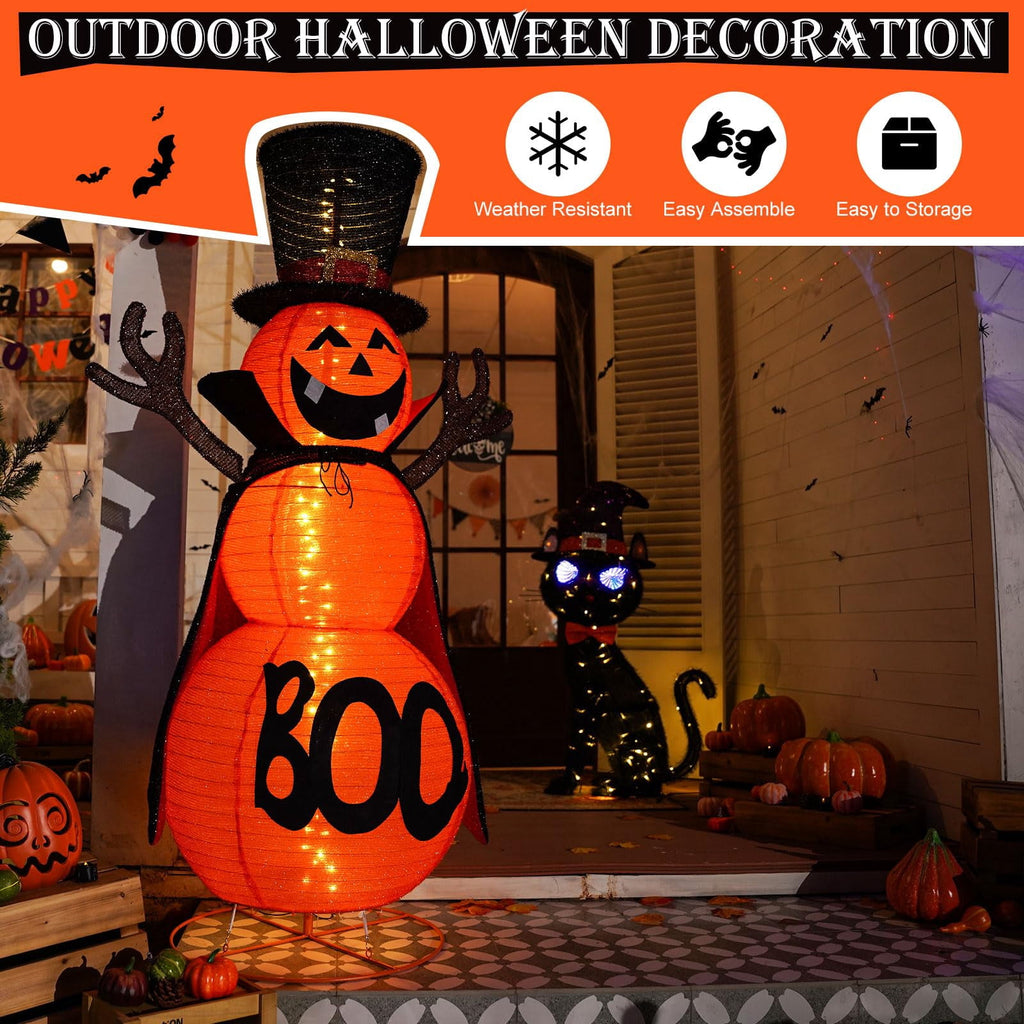 MARACOL 5FT Halloween Pumpkin Decorations Outdoor, 90 LED Pre-Lit Pop-Up Halloween Pumpkin Giant Collapsible Jack-o'-lantern Cute Pumpkin Decor with Cloak & Magic Hat for Outdoor, Yard, Porch
