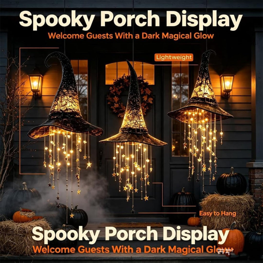 Lighted Witch Hat Hanging Chime, LED Black Mesh Witch Hat with Glowing Star Garland, Indoor Outdoor Halloween Decor for Porch Tree Window