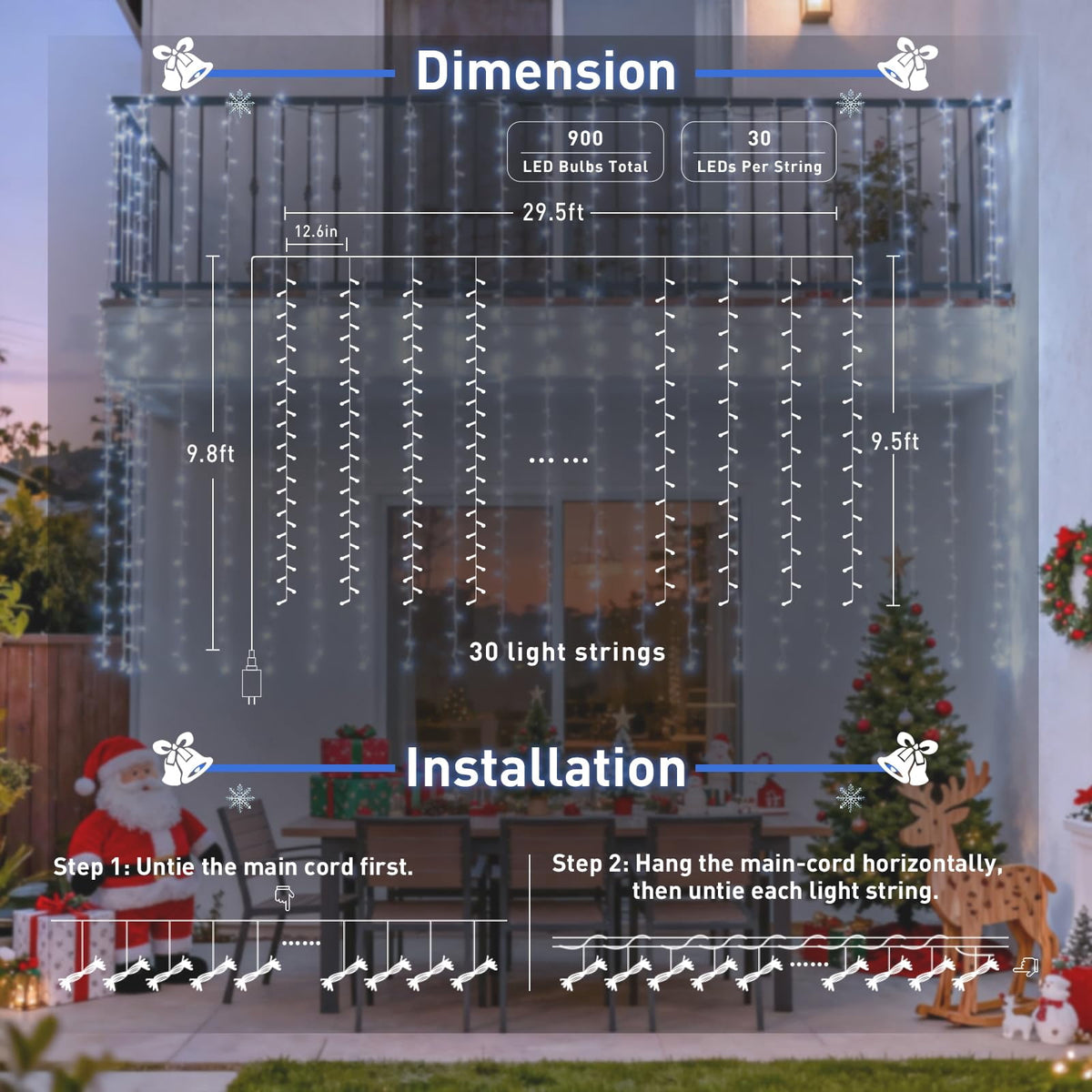 9.5x29.5ft Curtain Lights 900 LED White Indoor Outdoor Decor