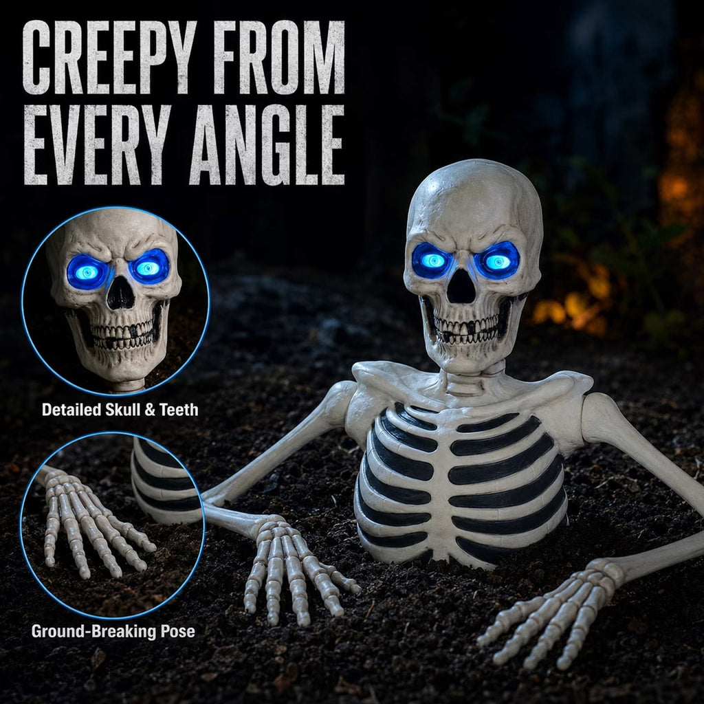 Halloween Giant Ground Breaking Skeleton with LCD Moving Eyes Halloween Dynamic Skeleton Decor Light-Up Ground Breaking Skeleton Scary Skull Stakes for Garden Lawn Holiday Decor