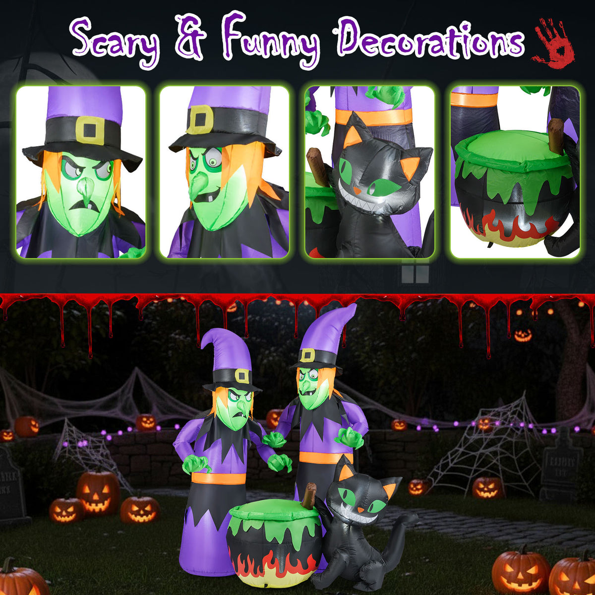 Gymax 6 Ft Inflatable Halloween Witches Blow up 2 Scary Witch w/Black Cat & Cauldron