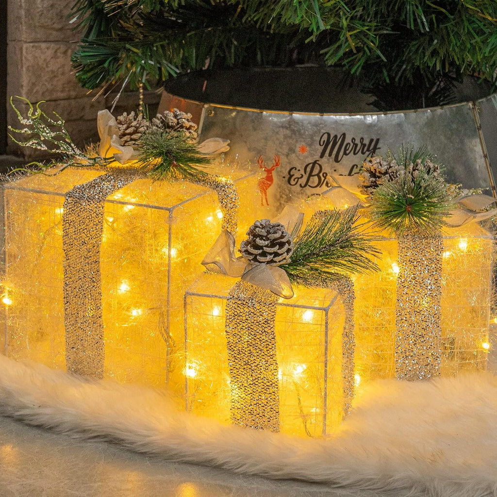 Set of 3 Christmas Lighted Gift Boxes, Pre-lit 60 LED Light Up Present Boxes Ornament Outdoor Warm White Tinsel Boxes Decoration for Indoor Christmas Home Yard Lawn Decor