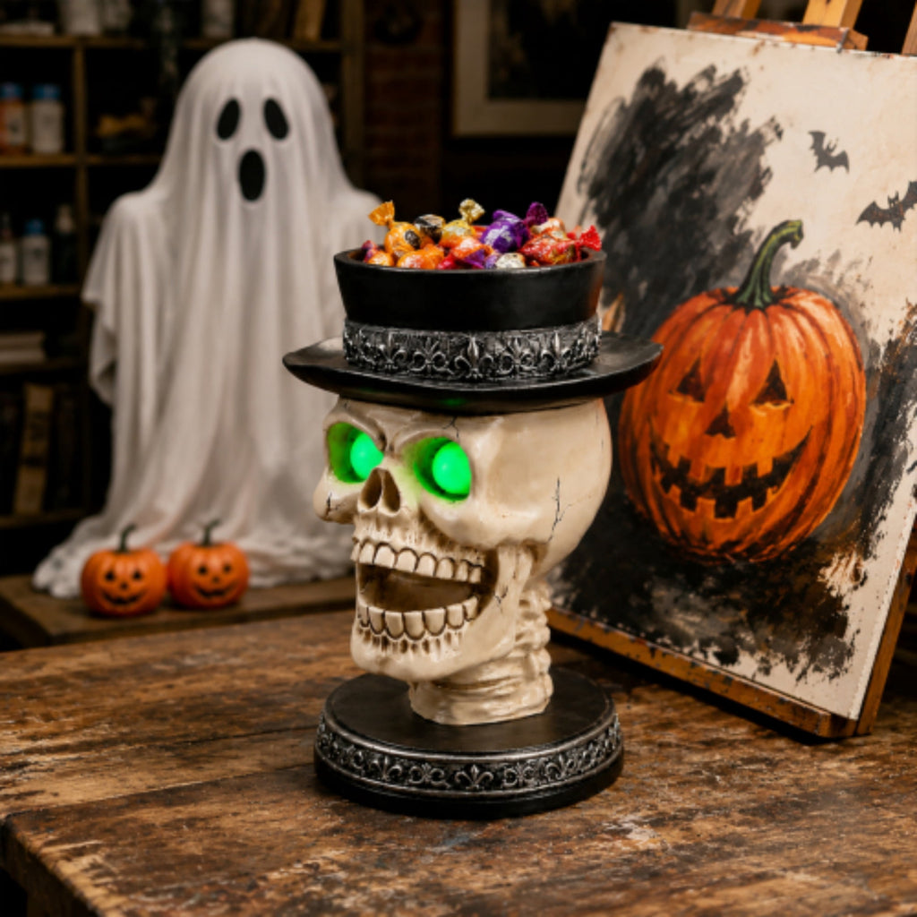 Halloween Skeleton Butler Floor Statue with Serving Tray & Realistic Black Cat, 35.43 Inch Gothic Resin Standing Decor for Entryway, Porch, Living Room, Halloween Party Home Decoration