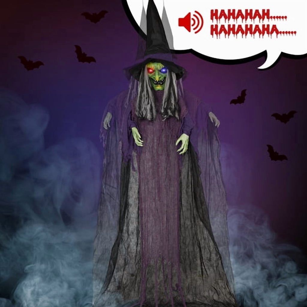 12ft Life-Size Halloween Hanging Witch Decoration, Talking, Light-Up Eyes, Touch-Sensor Activated, Durable Fabric for Indoor/Outdoor Use