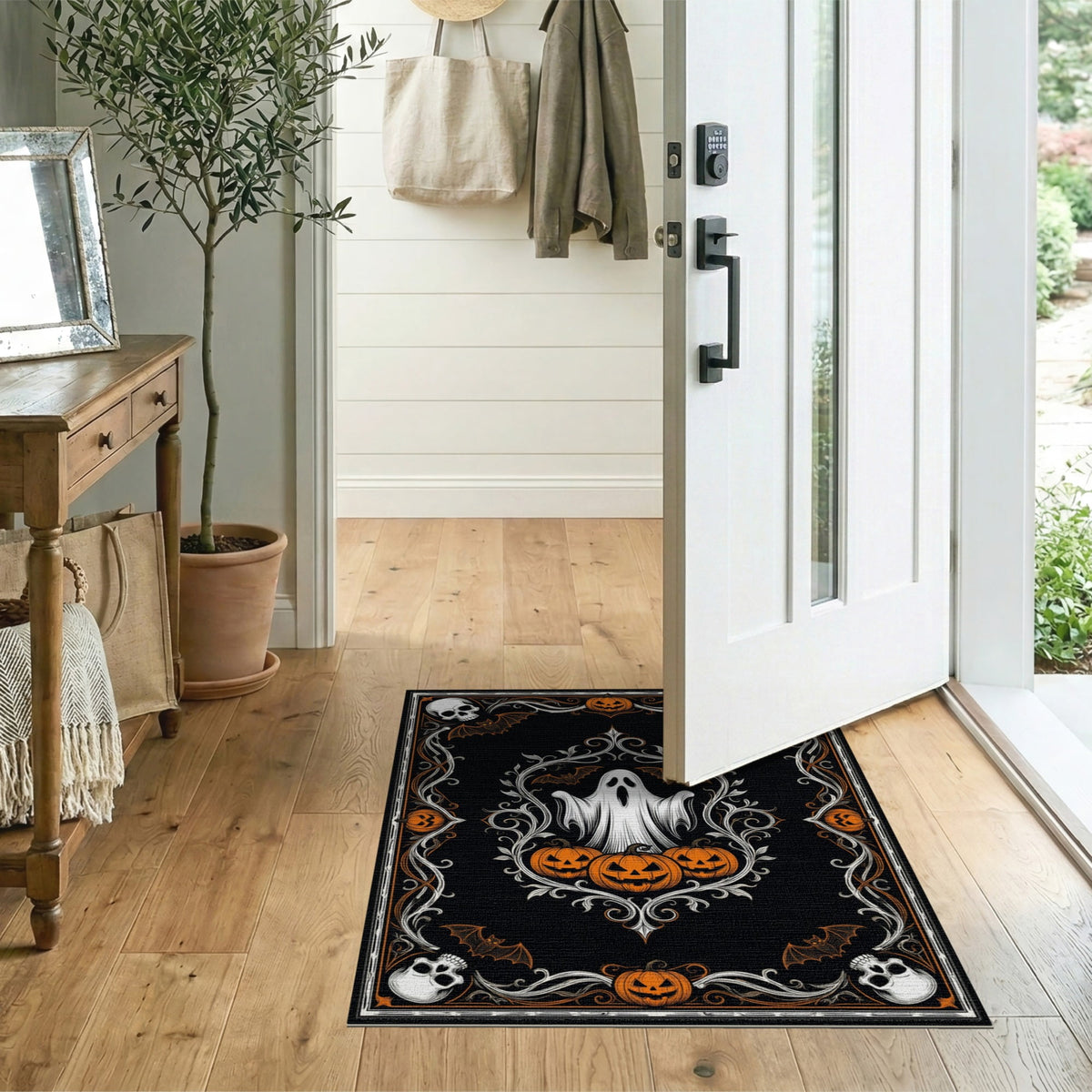 ODIKA Halloween October Phantom Gourd Flying Creature Fiber Doormat Stain Resistant Low Profile for Dorm Room, Small Living Apartment
