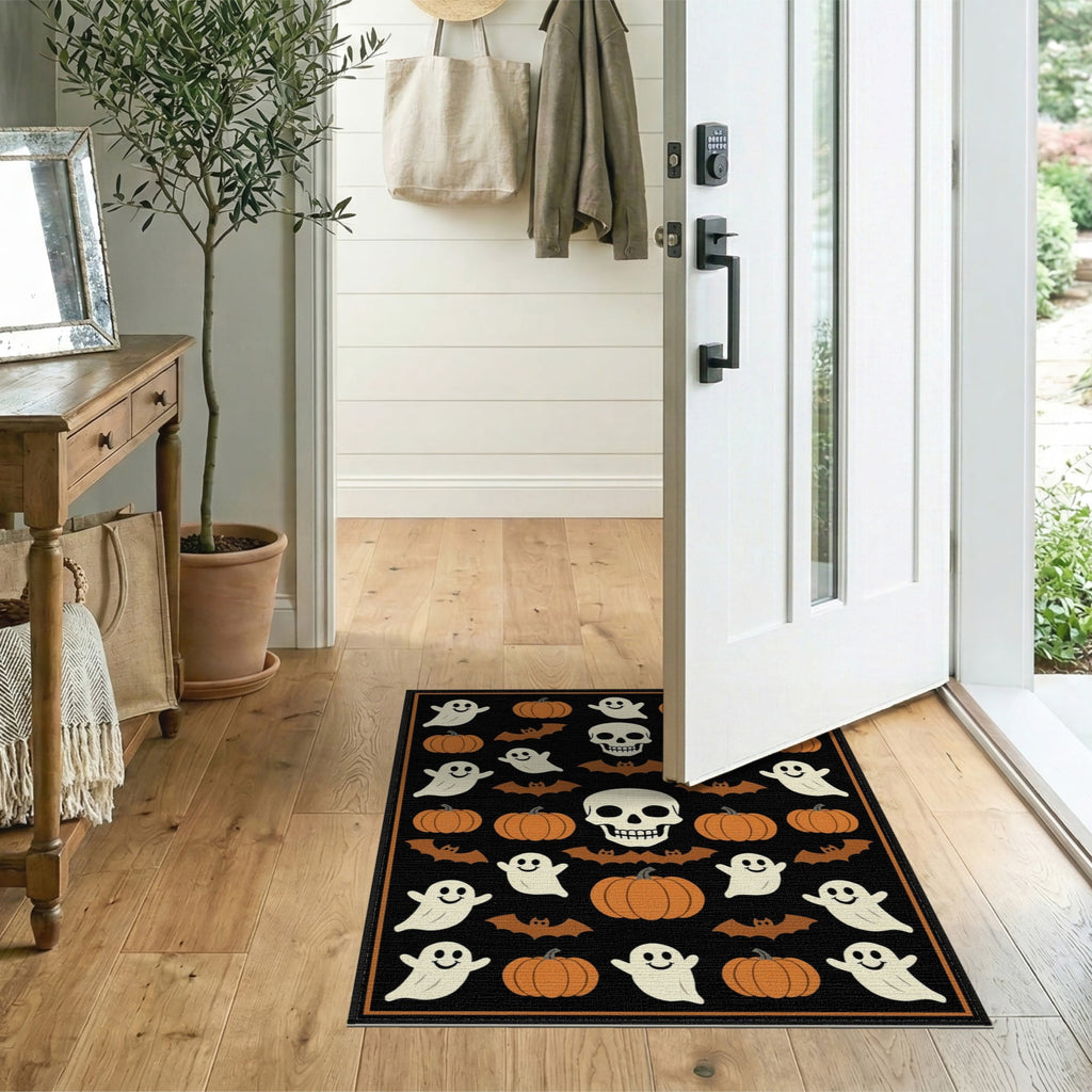 ODIKA Retro Halloween Welcome Featuring Ghosts Pumpkins Bats Skulls Non-Slip Flatwoven for Living Room, Under Sectional, Family