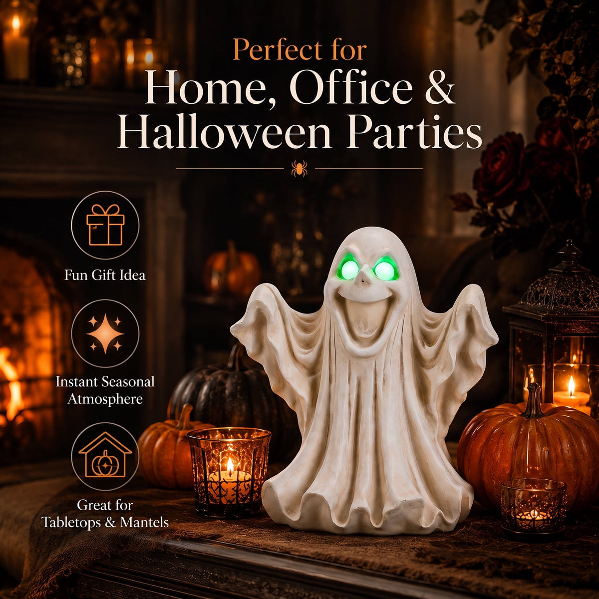Large 13-Inch Lighted Halloween Ghost Decoration, Resin Figurine with Green LED Eyes, Battery Operated Tabletop Statue for Mantel and Party