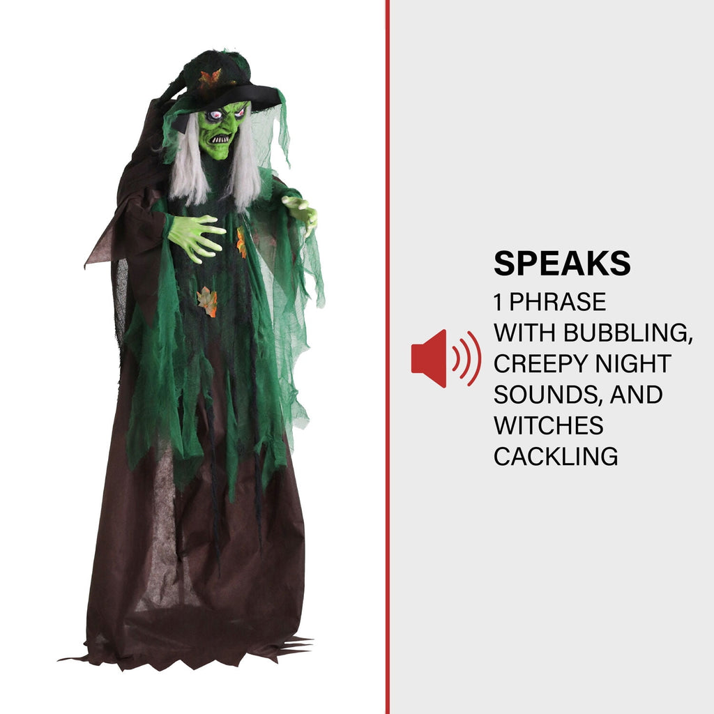 Haunted Hill Farm 6 ft Animatronic Talking Forest Witch with Movement and Lights for Scary Halloween Decoration, HHWITCH-44FLSA