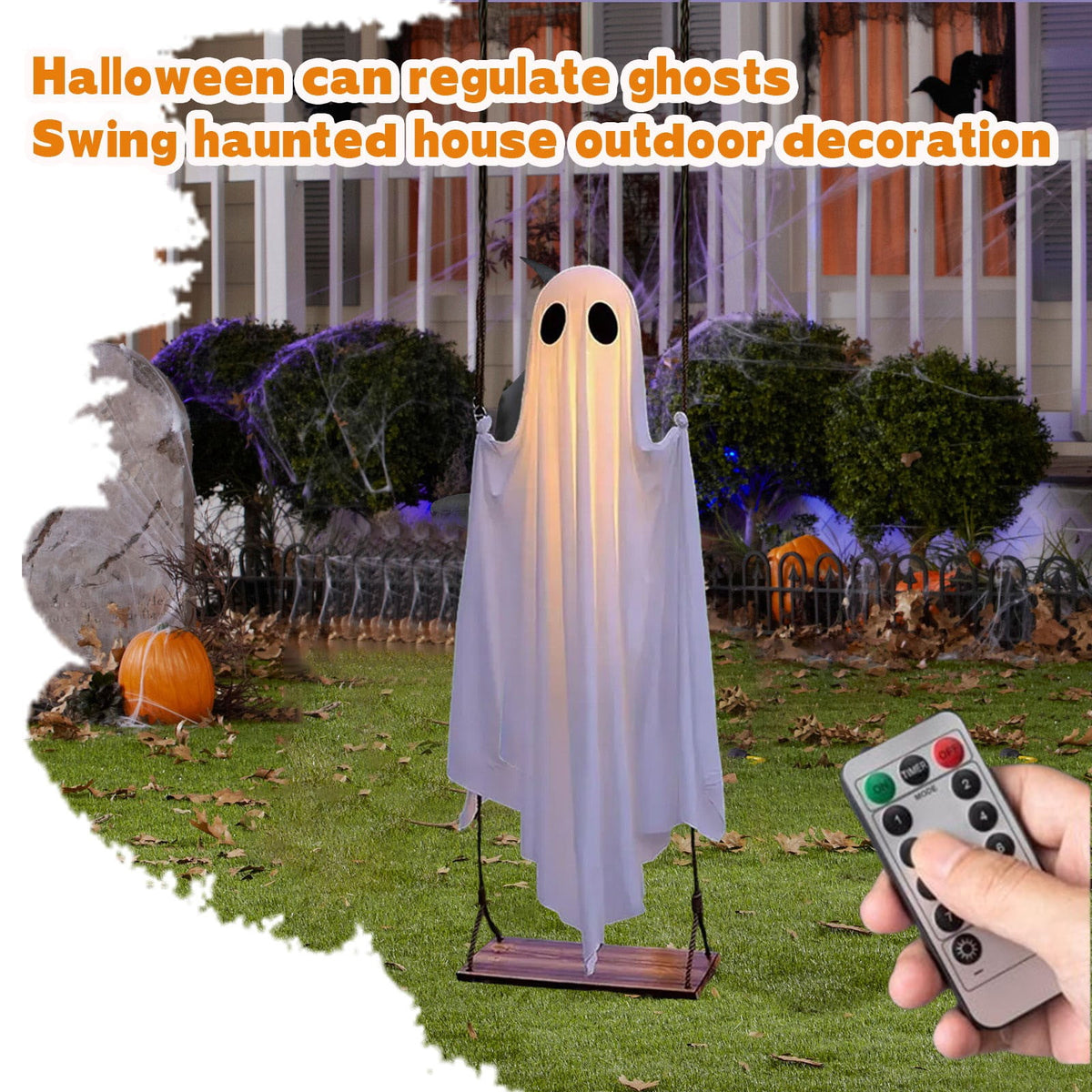 SUYOLL Outdoor Large Halloween Decorations Hanging Swing Ghost Animated Light Up Decorations With Remote Control Indoor For Party Decal