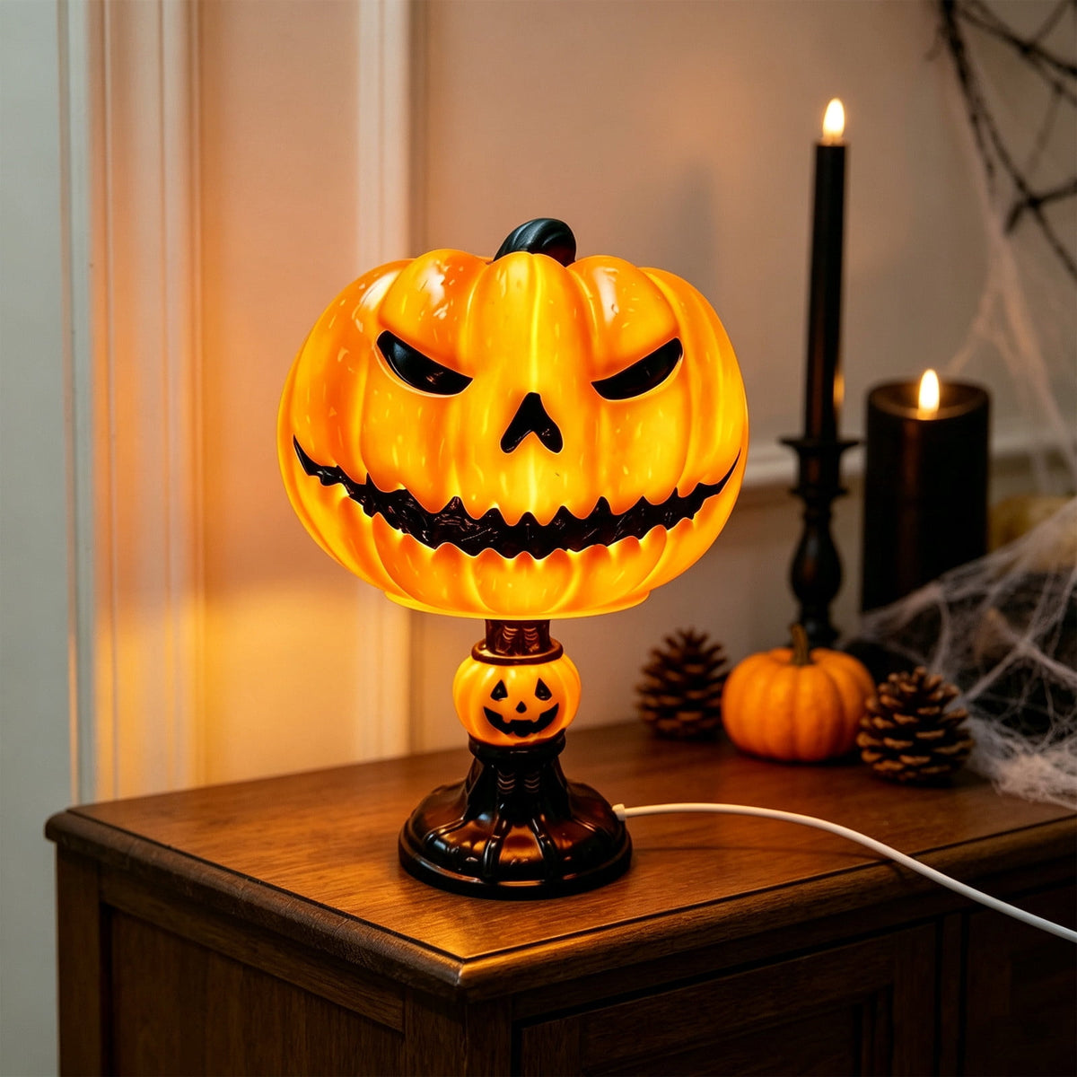 AZXY Halloween Stacked Lighted Pumpkin Figurine, Skeleton Cut‑Out Pumpkin Lamp, Spooky Holiday Floor Ornament, Halloween Yard Party Decoration for Porch Yard Living Room Use