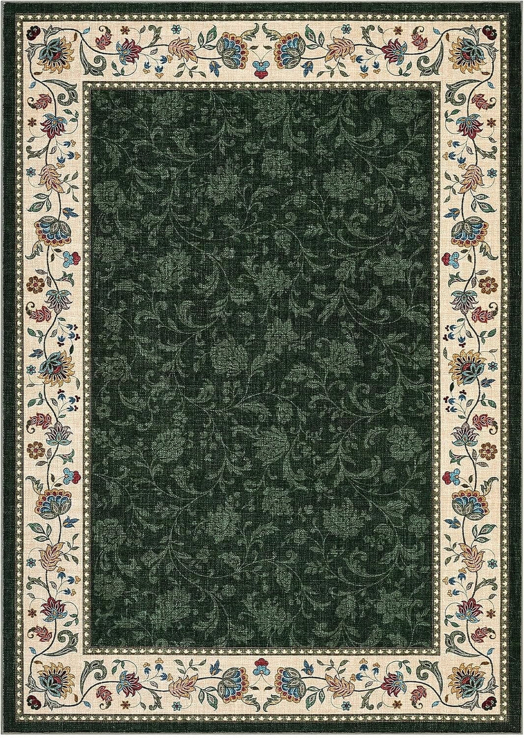 Large Living Room Rug 10x13 Non-Slip Floral Indoor Carpet Washable Floral Bordered Floor Mat Low Pile Non-Shedding Foldable Neutral Bedroom Rugs for Dining Room Nursery Home Office Red