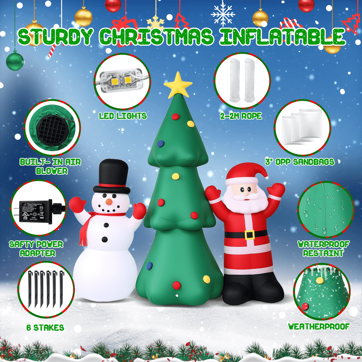 8FT Christmas Inflatable Snowman, Built-in light up for Indoor Outdoor Decoration Xmas Party Decor
