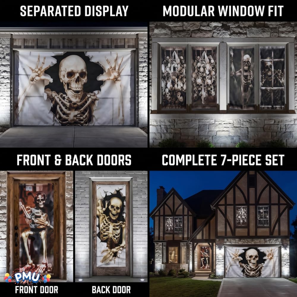 PMU 7-Piece Halloween Garage Door Cover Set, 16 x 7 ft, Skeleton Window & Door Decorations