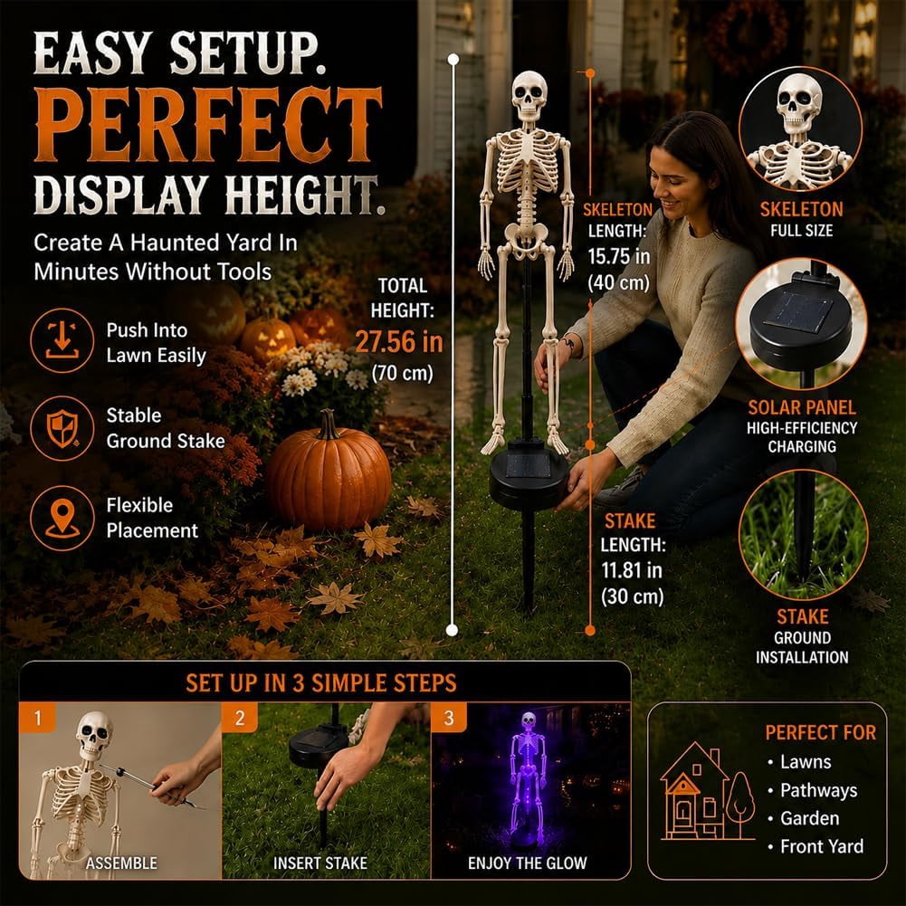 Light up Halloween Decorations - Solar Skeleton Yard Stake Garden Light Bones Figurine, 3D Creepy LED lamp Waterproof Realistic ghosts for Outdoor Grave Lawn Patio House Party Fall Decor Gift