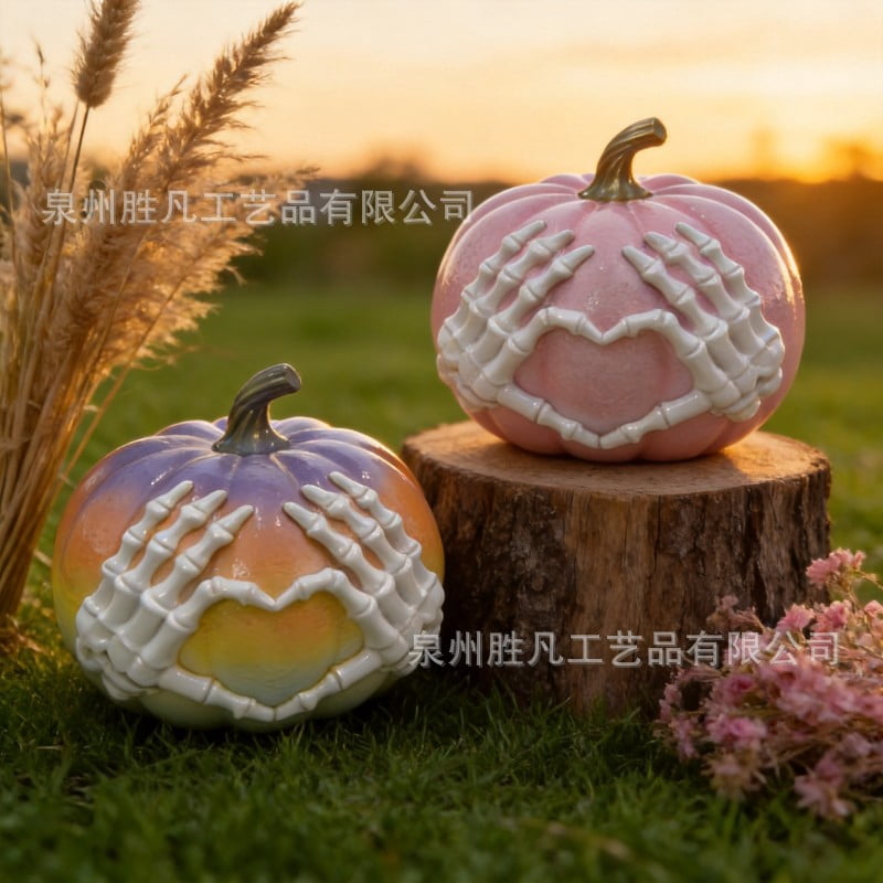 XHKUYI Halloween Skeleton Hands Heart Pumpkin Statue 11 inch, Gothic Pastels Resin Pumpkin Figurines, for Halloween Home Mantel Party Shelf Decors