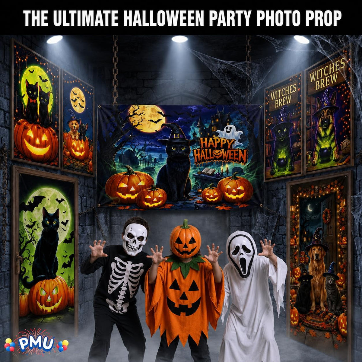 PMU 7-Piece Halloween Garage Door Cover Set, 16 x 7 ft, Skeleton Window & Door Decorations