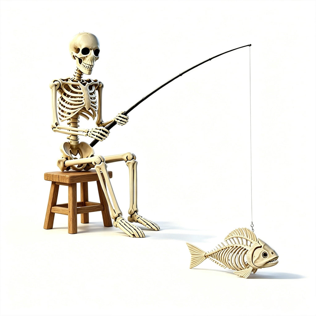 Fishing Skeleton Statue, 35'' Skeleton with 10'' Fish Skeleton, Resin Skull Fisher Sculpture for Aquarium and Garden Pond Edge Ornament Fish Tank Halloween Decorations
