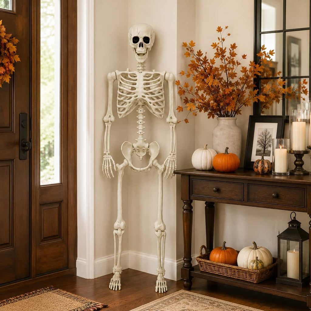 Valora Bella 5.4 FT Skeleton Halloween Decoration Outdoor Indoor - Life Size Poseable Full Body Skeleton Prop with Movable Joints Realistic Skull - Halloween Decor for Haunted House Porch Party Yard