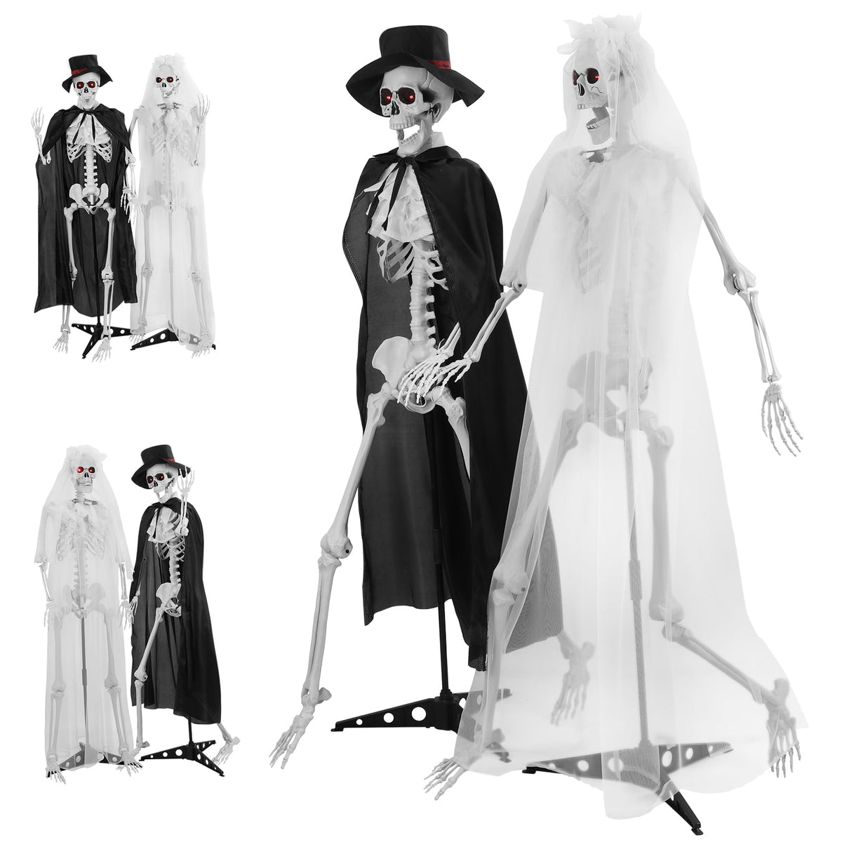 SUSUchens Life-Size 65" Halloween Skeleton Couple Full Body Bones Posable Skeleton with Movable Joints, Bride,Groom Skeleton Decor with Sound,Glowing Eyes,Haunted House Party Props
