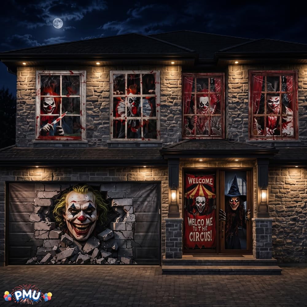 PMU 7-Piece Halloween Garage Door Cover Set, 16 x 7 ft, Skeleton Window & Door Decorations