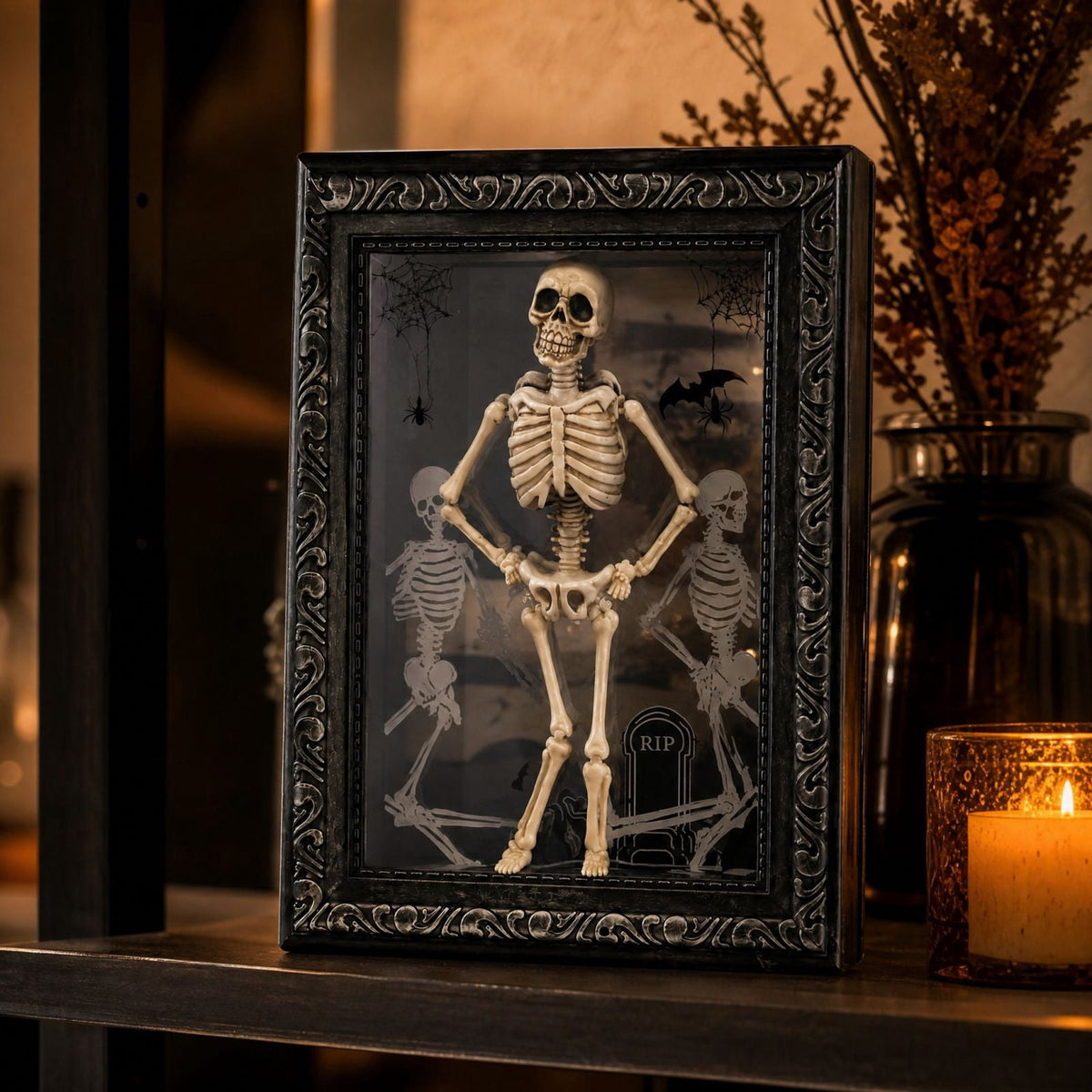 Halloween Dancing Skeleton Photo Frame 11.8 x 7.8in 3D Resin Light Up Spooky Skeleton Figurine Table Display Decor for Party Home Tabletop
