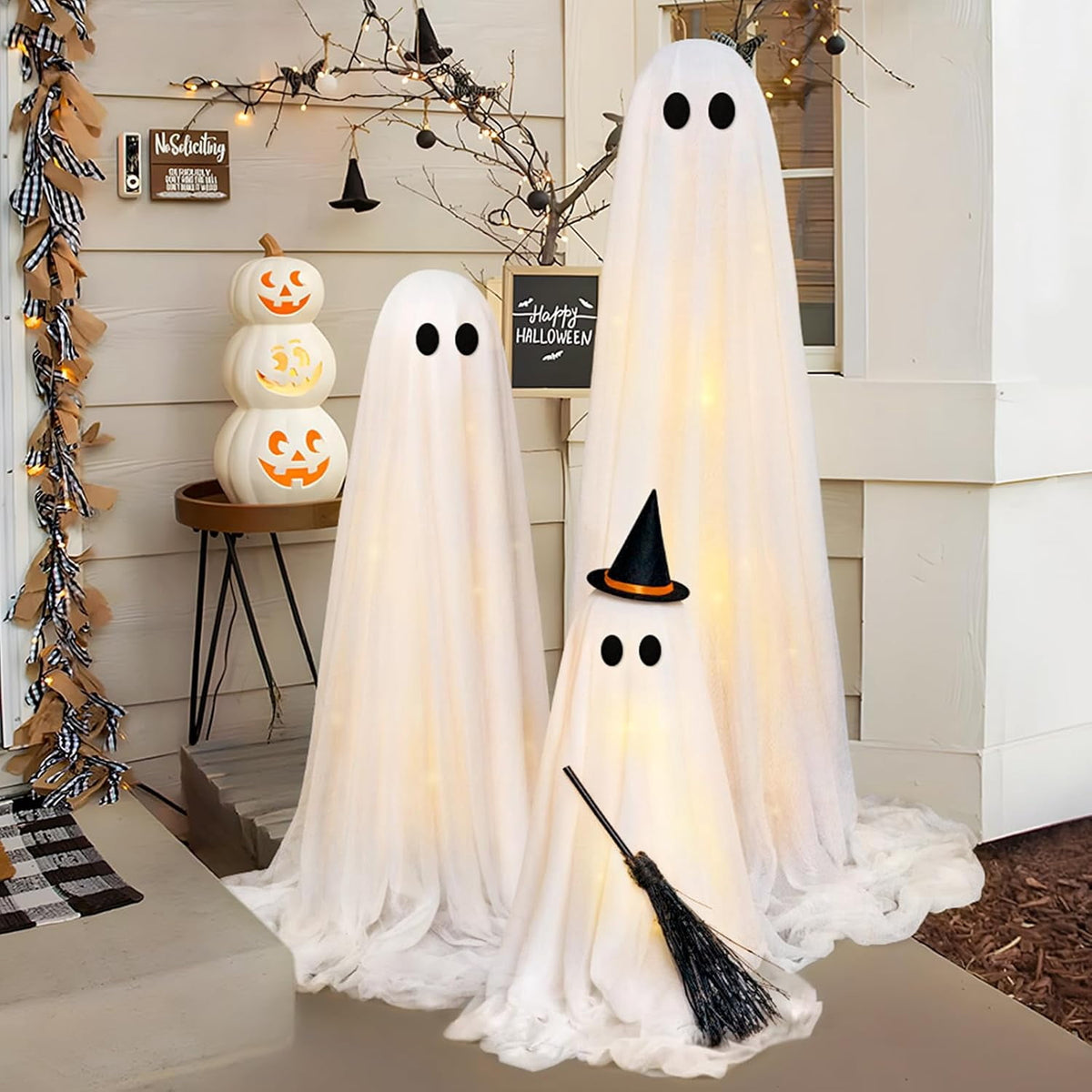 Halloween Decorations - Halloween Decorations Outdoor - Set of 3 Light Up Spooky Ghosts Decoration with 8 Light Modes Timer Remote- Indoor Cute Party Ghost Decor for Yard Porch Lawn Home Front Door