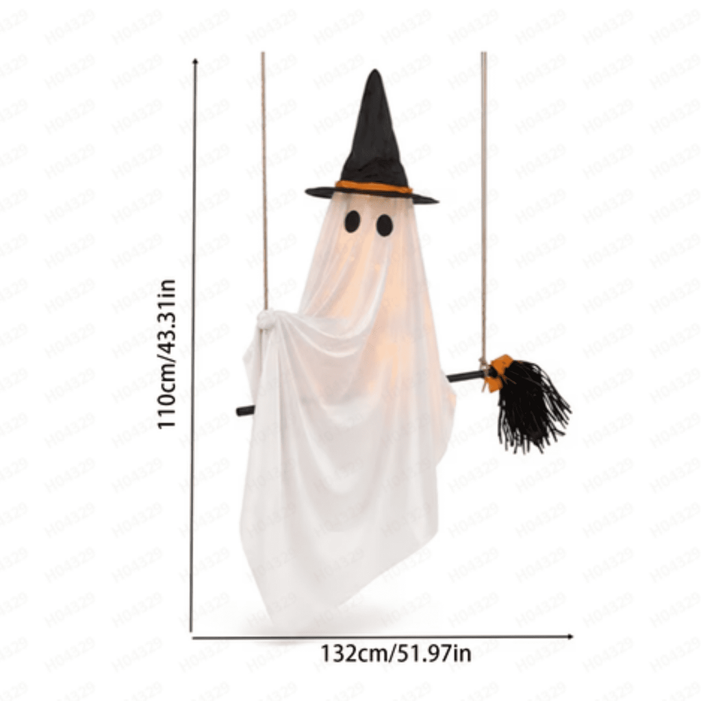 Halloween Decorations Outdoor, Lighted Hanging Ghost Decor with Witch Hat & Broom, LED Flying Ghost Decoration for Porch, Yard, Tree, Patio, Haunted House & Indoor Party 43.3in