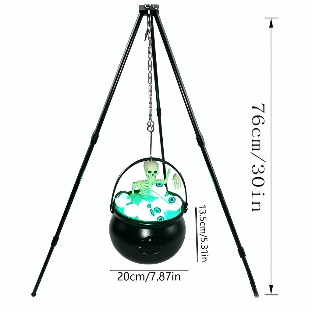 Halloween Cauldron Tripod with Green LED Light, Skeleton Eyeball Witch Pot Decor for Yard Outdoor Party Haunted House Decoration