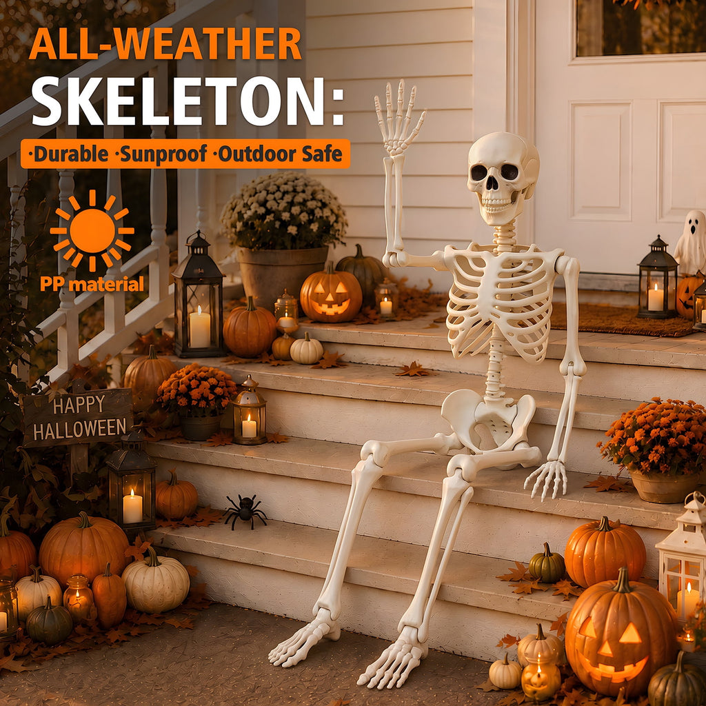 THE BRIVE 5.4ft Life Size Poseable Halloween Skeleton, Movable Joint Plastic Prop for Yard Porch Party Decor