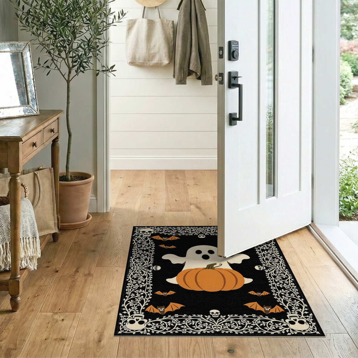 ODIKA Retro Halloween Welcome Featuring Ghosts Pumpkins Bats Skulls Non-Slip Flatwoven for Living Room, Under Sectional, Family