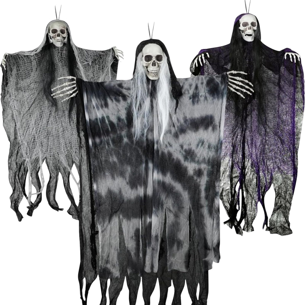 difdany 3 Pack Hanging Halloween Decorations, 42.5 in Large & 31.4 in Small Flying Skeleton Grim Reapers, Floating Ghost props for Outdoor Halloween Decorations & Halloween Party