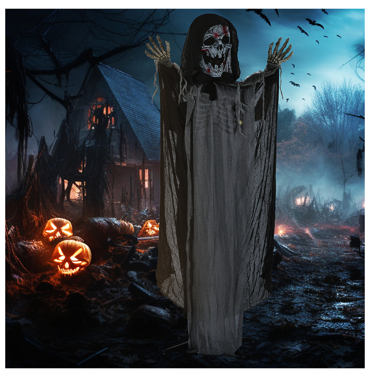 74" Halloween Skeleton Witch Prop, Animated Outdoor Decor with Sound & Motion Activation, Light Up Eyes & Chest, Howling/Chain Sounds, Life Size Animatronic Halloween Decoration