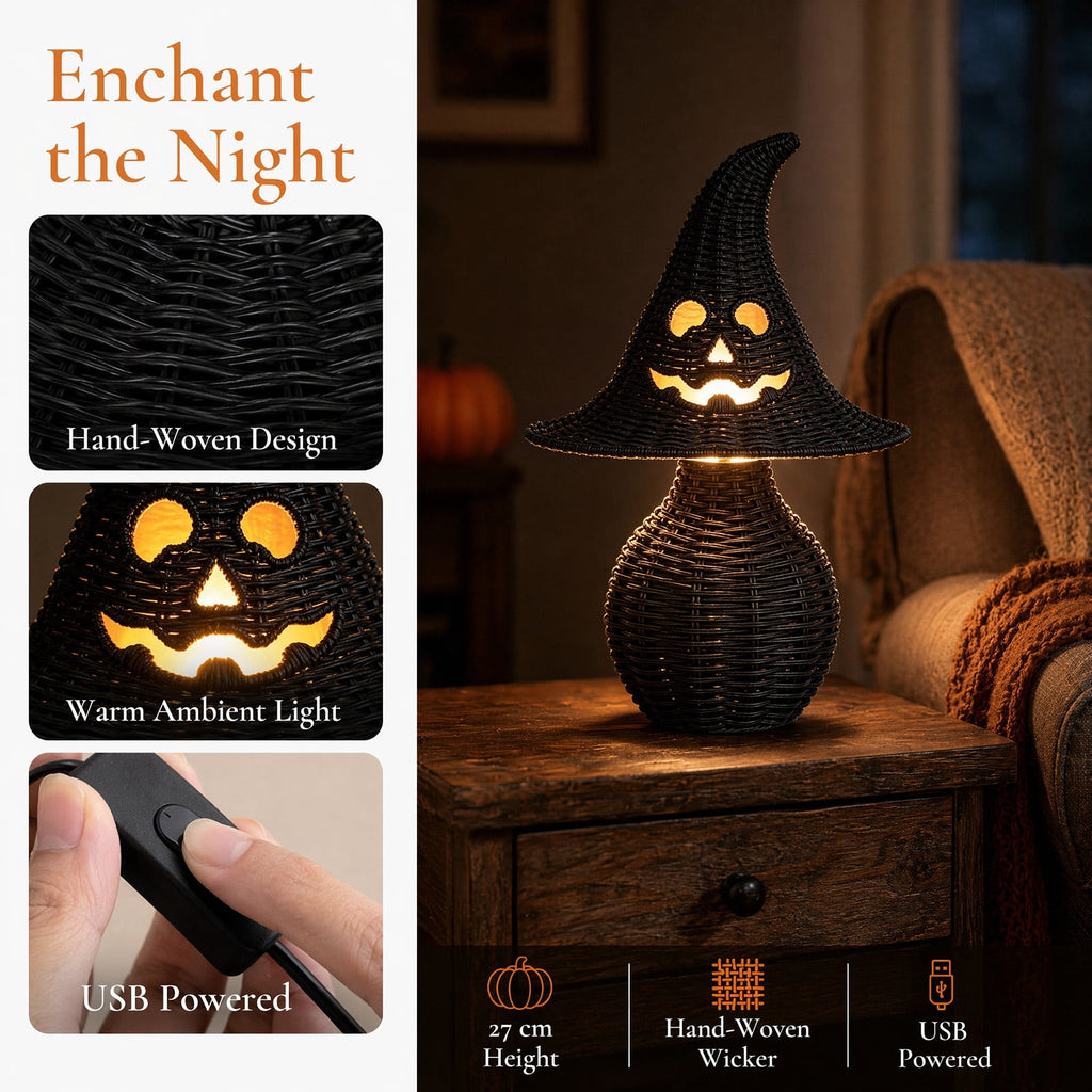 Lighted Halloween Table Centerpiece, Witch Hat Pumpkin Lamp, Black Woven Rattan Halloween Decor Indoor, Glowing Tabletop Decoration for Party Home