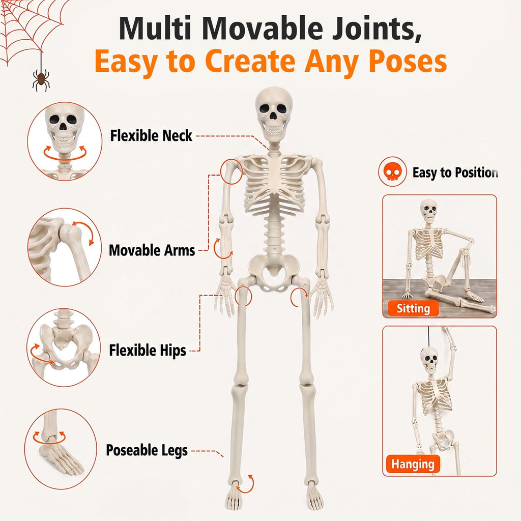 THE BRIVE 5.4ft Life Size Poseable Halloween Skeleton, Movable Joint Plastic Prop for Yard Porch Party Decor