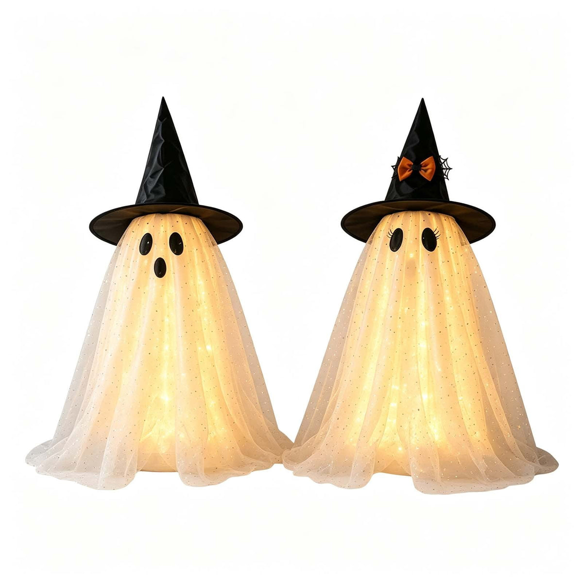 2 Pack Light Up Standing Tulle Ghost Halloween Decorations with Witch Hat, Warm LED Fairy Light Ghost Yard Stakes, Spooky Cute Ghost Outdoor Lawn Porch Mantel Home Halloween Party Decor