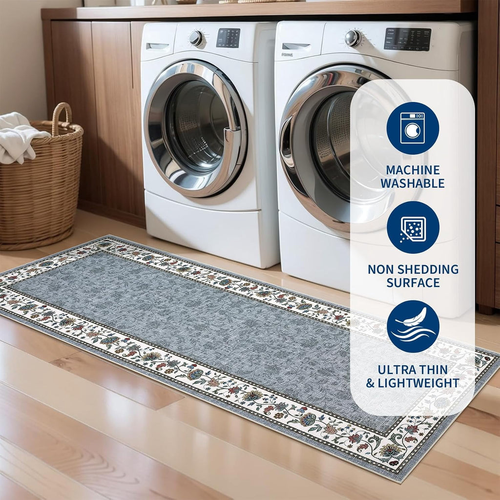 Large Living Room Rug 10x13 Non-Slip Floral Indoor Carpet Washable Floral Bordered Floor Mat Low Pile Non-Shedding Foldable Neutral Bedroom Rugs for Dining Room Nursery Home Office Red