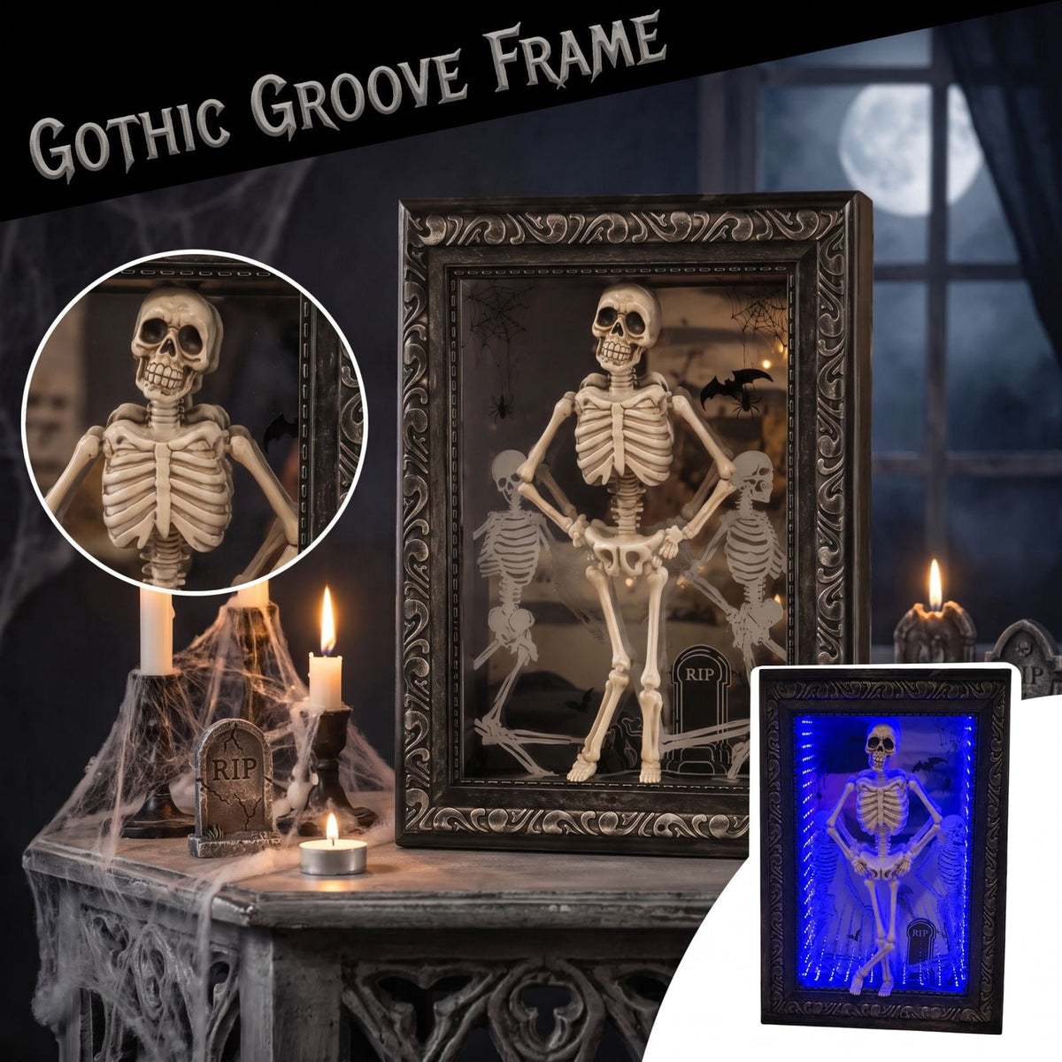 Halloween Dancing Skeleton Photo Frame 11.8 x 7.8in 3D Resin Light Up Spooky Skeleton Figurine Table Display Decor for Party Home Tabletop