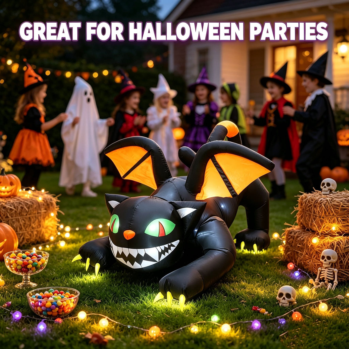 6FT Inflatable Black Cat Halloween Outdoor Decor with Built-in LED Lights Waterproof Polyester Blow Up Ornament for Yard Garden Party