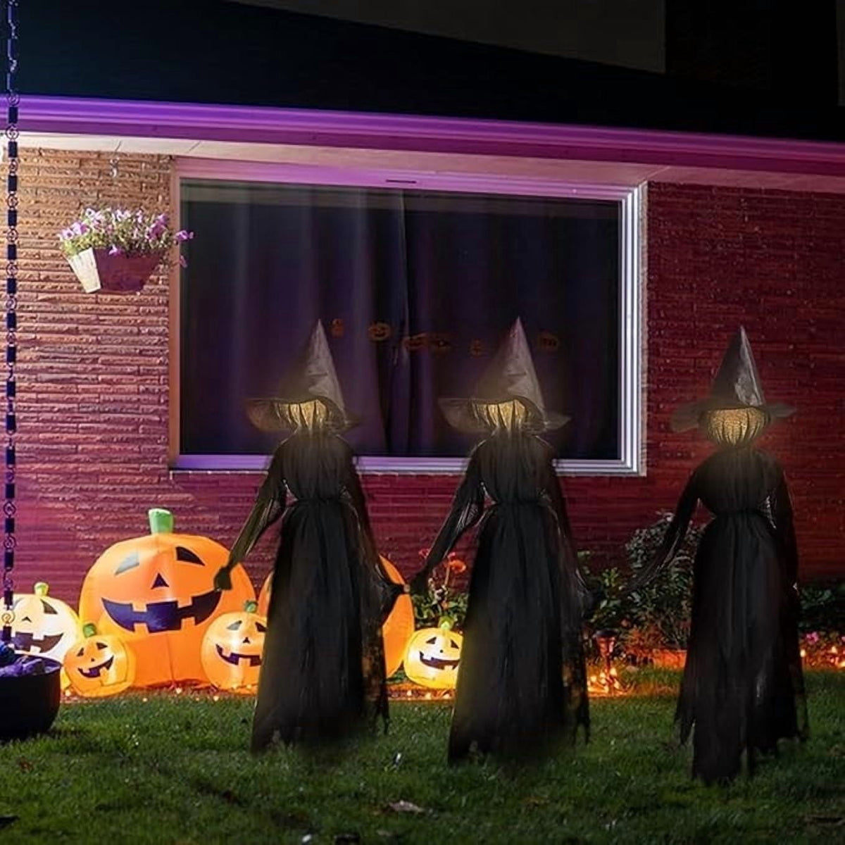 Halloween Decorations,Voice Control Induction Glowing Witches Holding Hands Witches 59Inch Light Up Witch for Yard Garden Outdoor Lawn Porch Haunted House Decor-3Pc