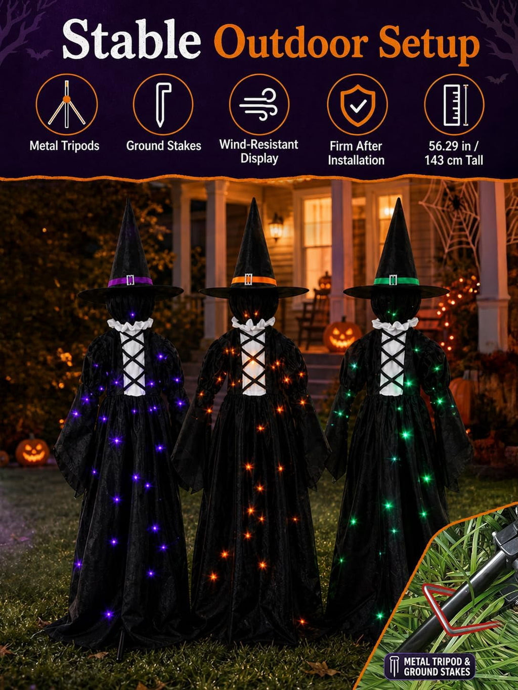 3 Lighted Witches Halloween Yard Decorations, 59 in