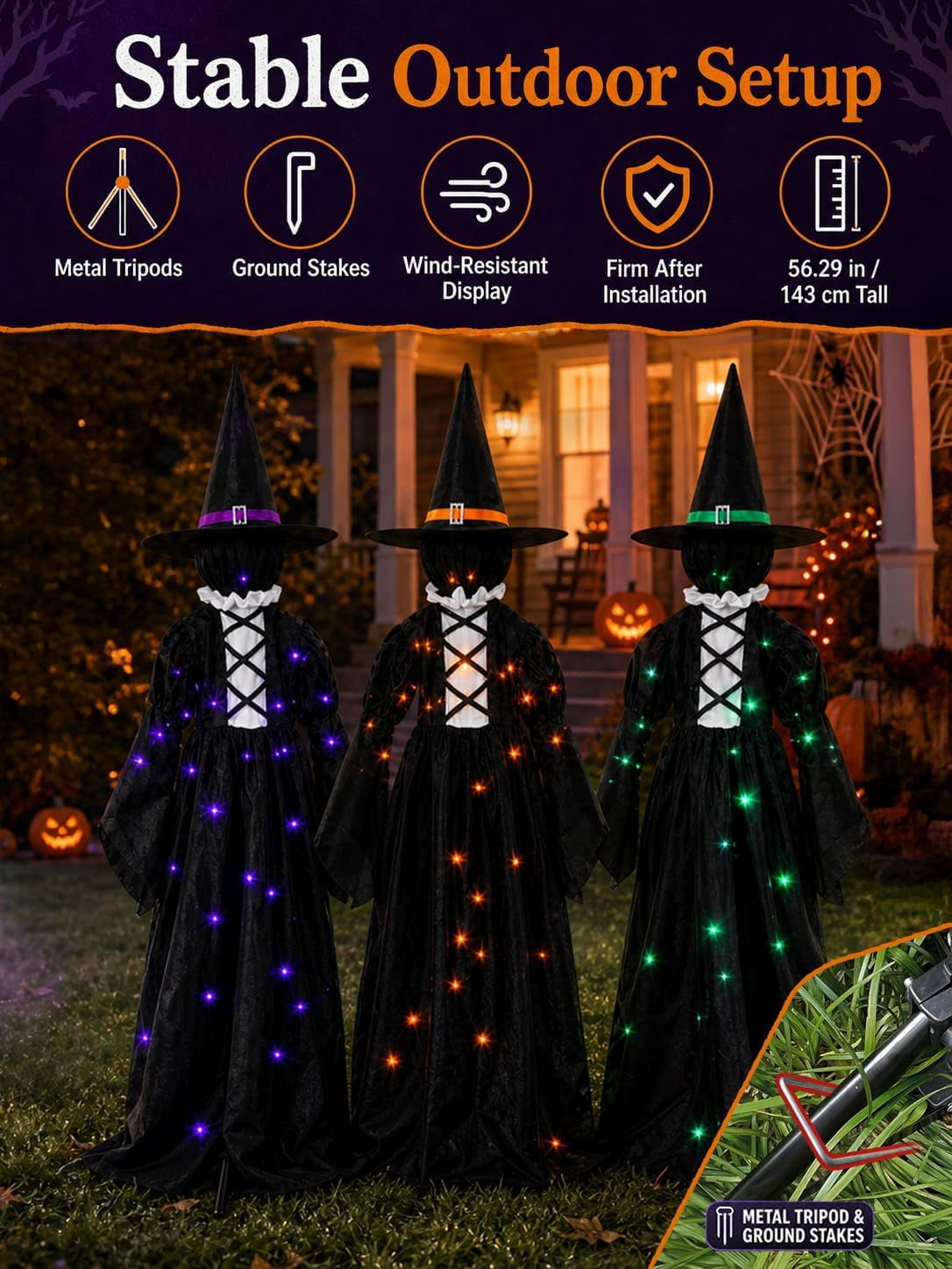 3 Lighted Witches Halloween Yard Decorations, 59 in