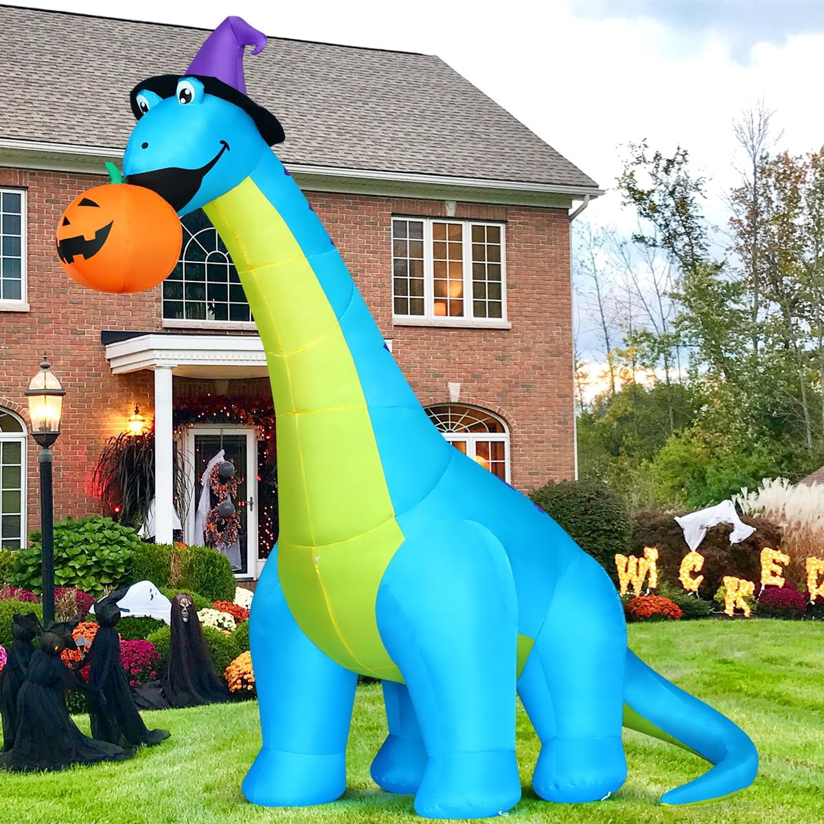 COMIN Halloween Inflatables 10 FT Tall Dinosaurs Eating Pumpkin with Shake Head Blow Up Yard Decoration with Built-in LED for Yard Garden Party Lawn