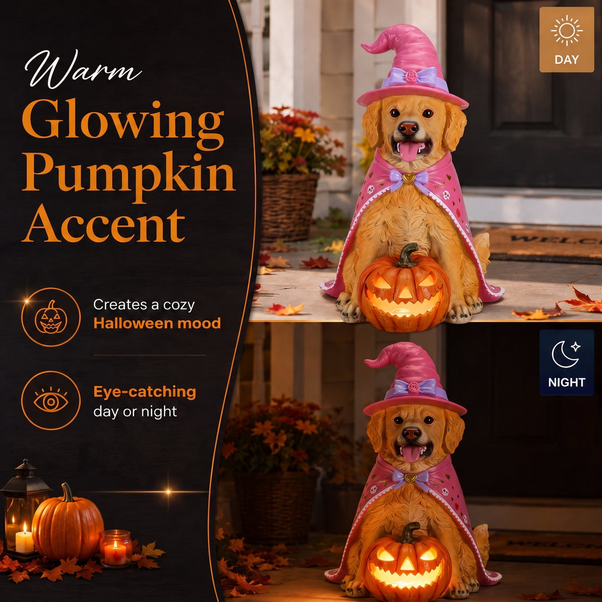 A7Store Halloween Golden Retrieve Dog Indoor Outdoor Porch Statue with Lighted Pumpkin, Pink Witch Hat and Cape