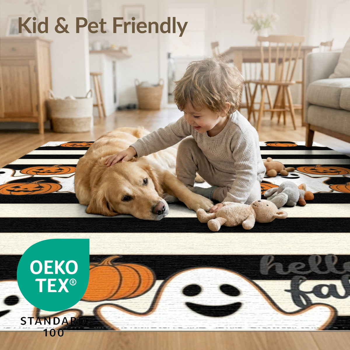 ODIKA Halloween Spooky Pumpkin Phantom Striped Entrance Door Doormat for Playroom, Bedroom, Reading Nook, Pet Friendly & Kids Safe Play