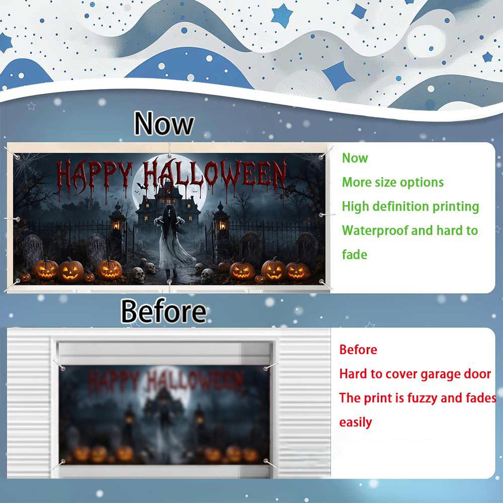 16X7ft Halloween Garage Door Cover Decorations, Spooky Skeletons Pumpkin Large Garage Wall Backdrop Hanging Banner for Halloween Yard Indoor Outdoor Party Decor