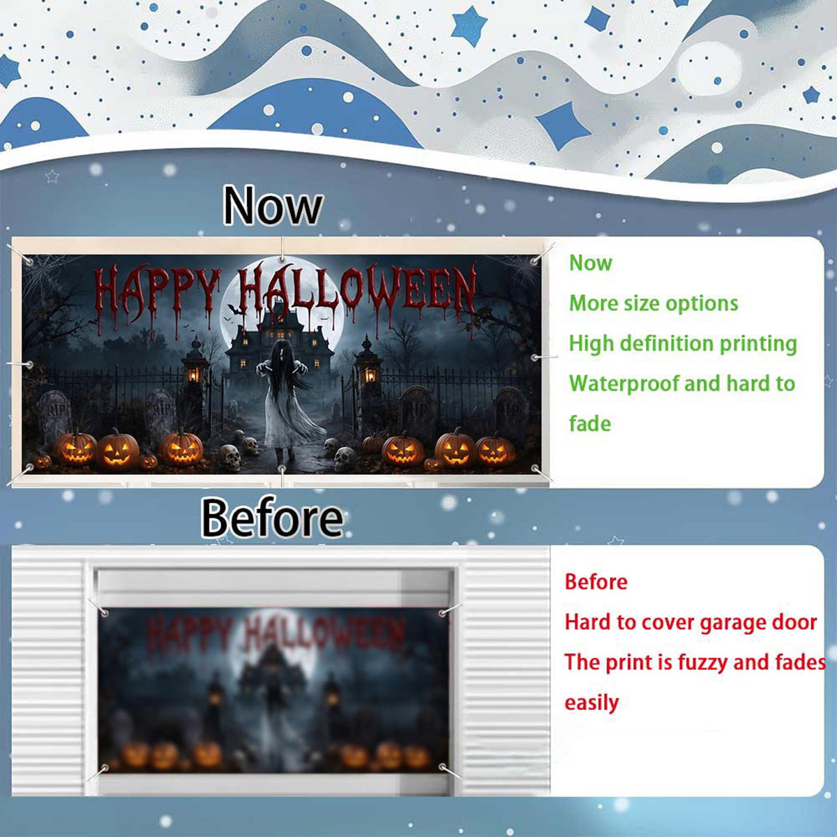 16X7ft Halloween Garage Door Cover Decorations, Spooky Skeletons Pumpkin Large Garage Wall Backdrop Hanging Banner for Halloween Yard Indoor Outdoor Party Decor