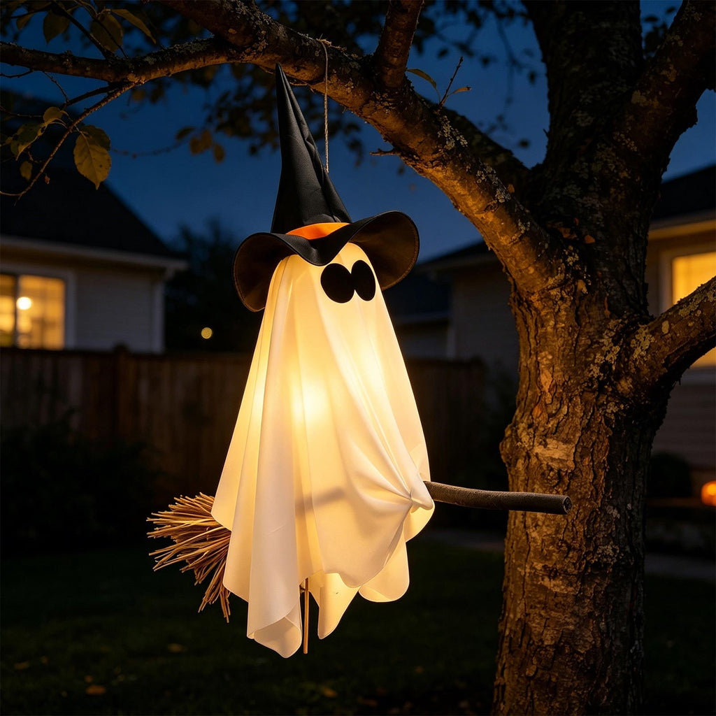 DIY Hanging Swing Ghost Halloween Decor, Flying Ghost on Broomstick with Witch Hat, Spooky Cute Outdoor Halloween Decorations for Front Porch Yard Tree, 3.61x4.33FT